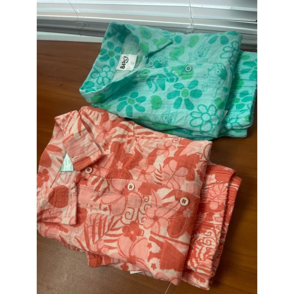 2-Sets Bluey and Moana Girls Cotton Gauze Shirt & Shorts Sets Cotton M Size 8